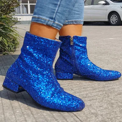 Plus Us Size 14 15 Luxury Women Fuchsia Glitter Ankle Boots For Women Round Toe Square Med Low Heels Gorgeous Party Botas Shoes