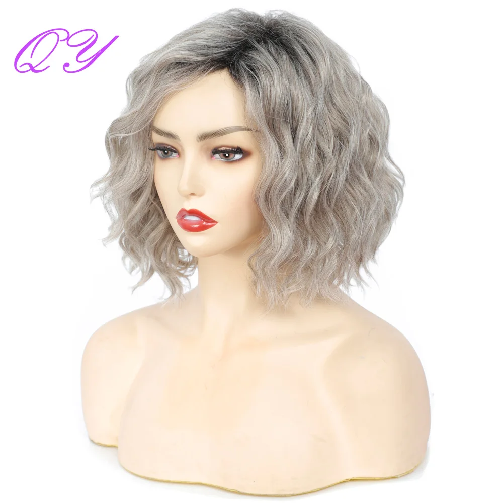 Natural Synthetic Short Women\'s Wigs Black Ombre Silver Gray Water Wave Hair Party Or Daily Fashion High Temperature Ladies Wig