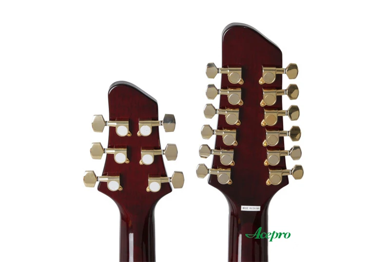 Acepro Wine Red Double Neck Electric Guitar, Basswood Body Carved Top, Abalone Custom Stem Inlays, Gold Hardware Guitarra