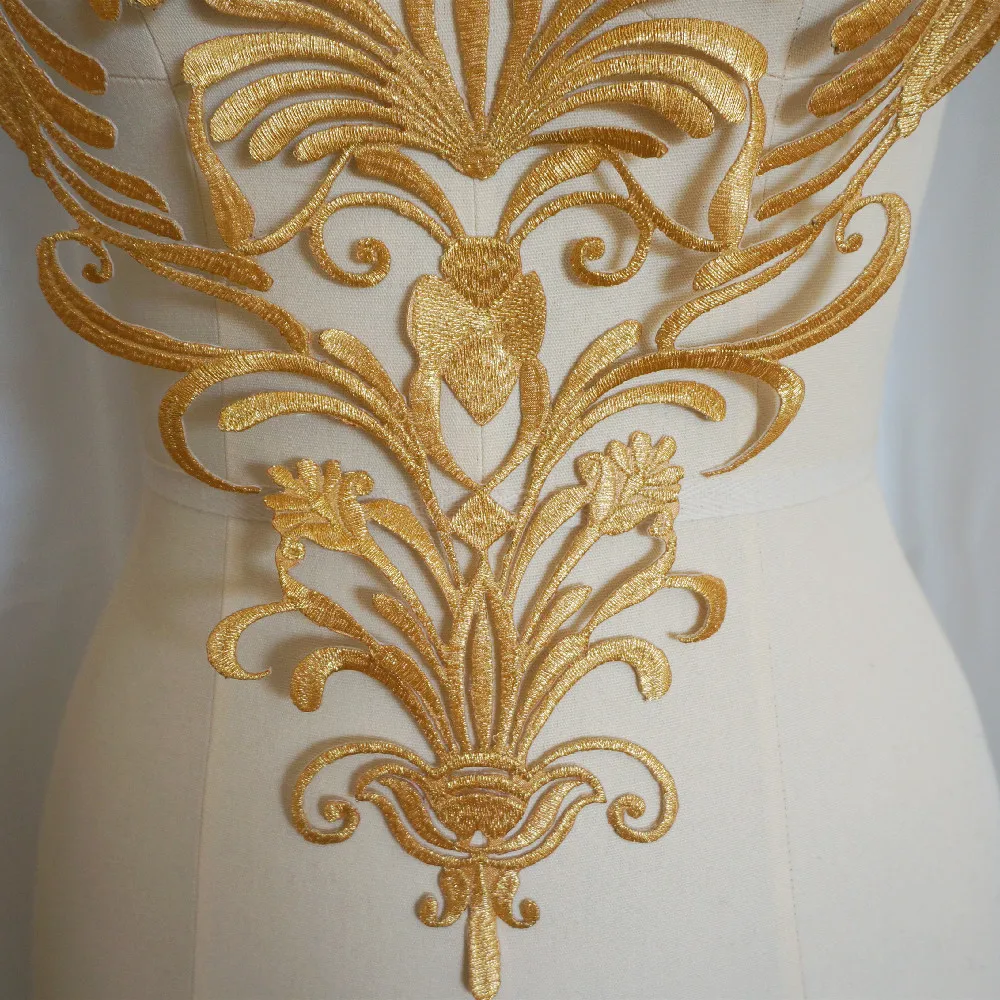 Large Gold Embroidered Baroque Flower Applique Gown Collar Iron Sew Patch For Wedding Bridal Clothes Dress Decoration DIY Crafts