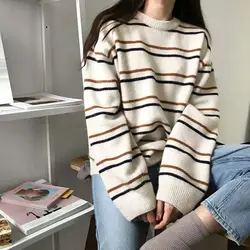 Striped Vintage Loose Round Neck Acrylic Knitted Sweaters Women Korean Fashion Long Sleeve Pullover Sweater Woman Winter 2022