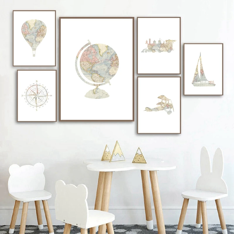 World Map Print Adventure Travel Nursery Wall Art Canvas Poster Hot Air Balloon Train Airplane Art Painting Kids Room Decor