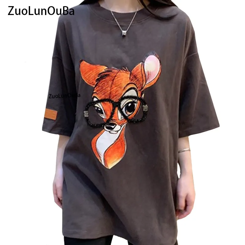 

Spring Summer New High Quality Women T Shirt Pure Cotton Short Sleeve Tees Print Hot Diamond Harajuku Fox With Glasses Tops