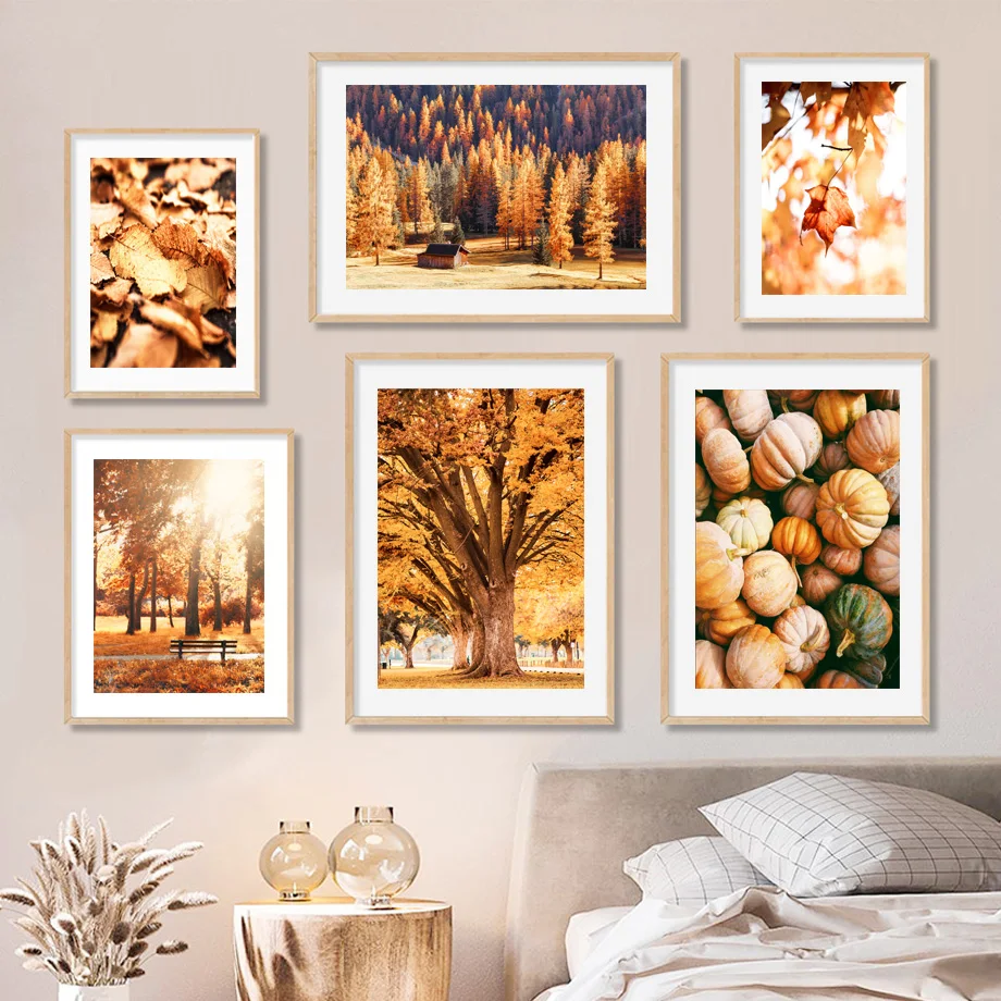 Autumn Pumpkin Maple Leaf Pine Forest Castle Squirrel Nordic Style Wall Canvas Painting Poster And Print Living Room Home Decor