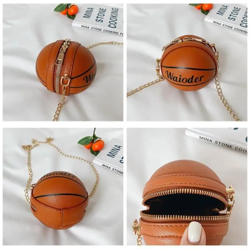 Kids Shoulder Bag Leather Cross-Body Pack Metal Chain Strap Basketball Pockets