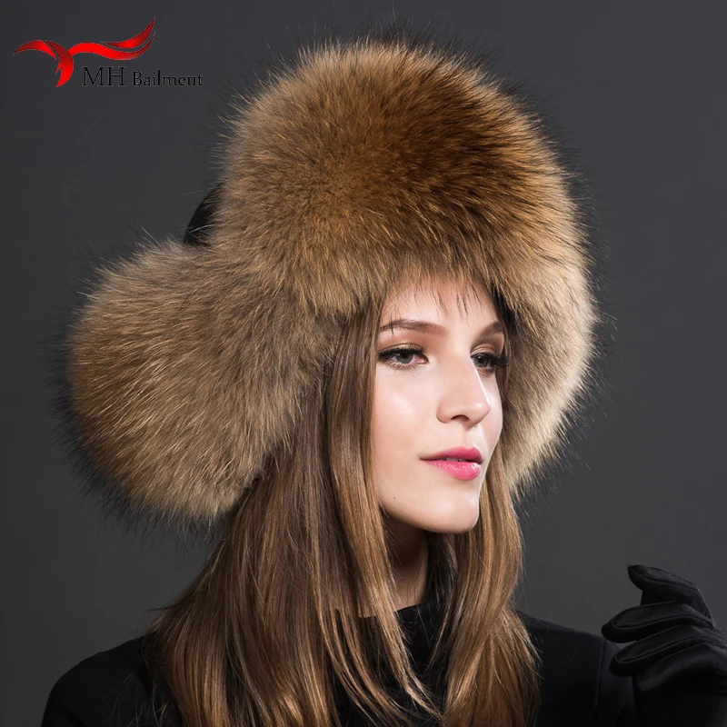 Natural Fox Fur Ball Hat Ladies Winter 100% Real Raccoon Fur Fluffy Fashion Cute Hats Aviator Thick Hat Russian Ski Cap Women