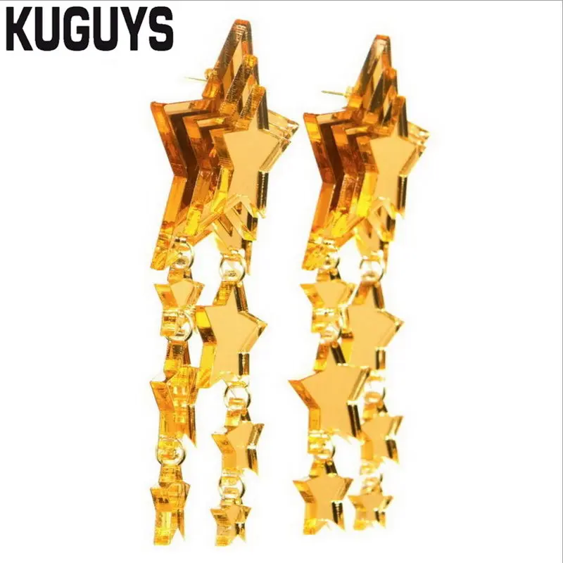 KUGUYS Golden Mirror Acrylic Star Long Drop Earring for Women\'s Trendy Accessories Fashion Jewelry