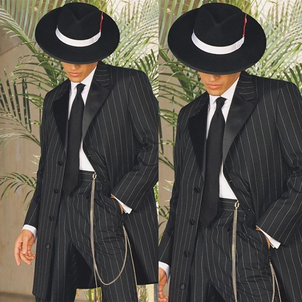 2020ยาวผู้ชายสไตล์ Vintage Stripe ชุด Peaked Lapel เจ้าบ่าวสวม Tuxedos 2 Pcs (เสื้อ + กางเกง)