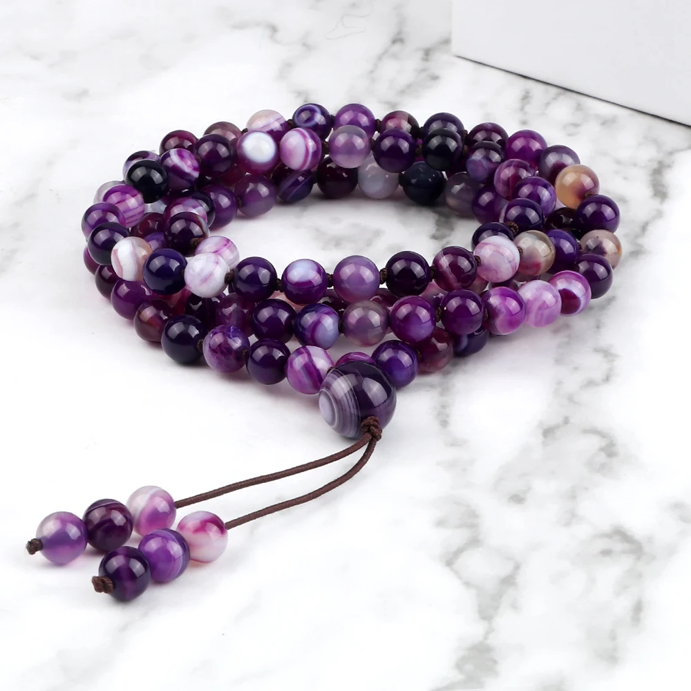 Lucky Purple Necklaces Natural Stone Women Fashion 6mm Knotted Beaded Necklace 108 Beads Bracelet Yoga Meditation Jewelry Gifts