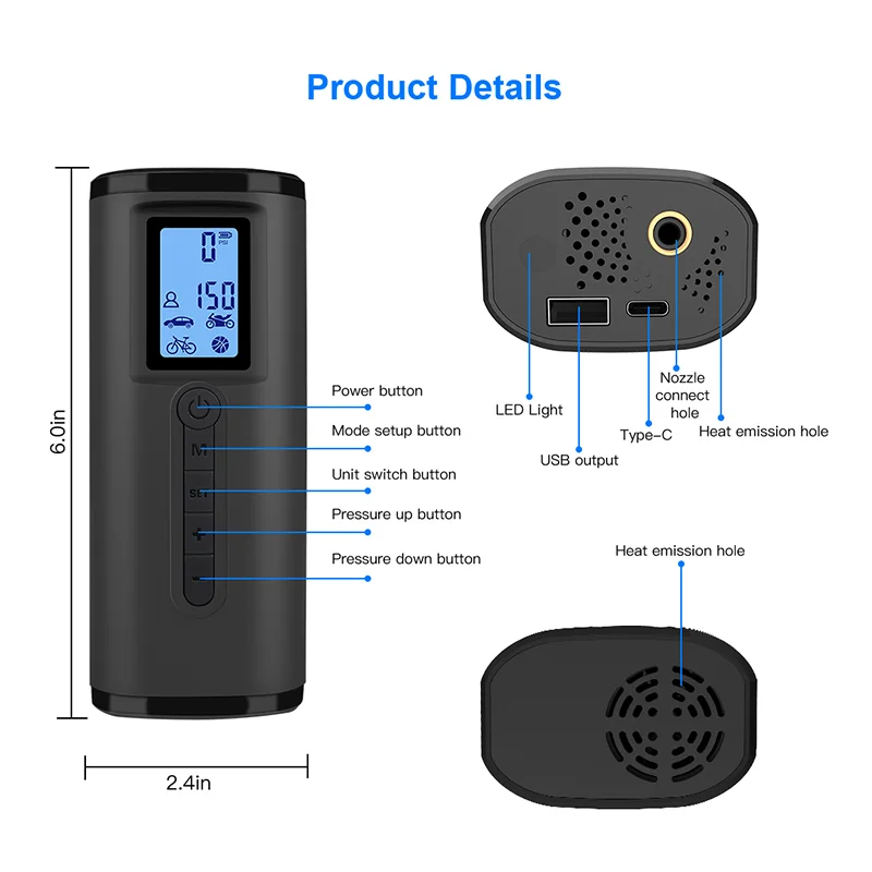 Pompe à Air Portable pour Vélo, Compresseur d'Air pour Voiture, Gonflable, avec Banque d'Alimentation, 120 PSI