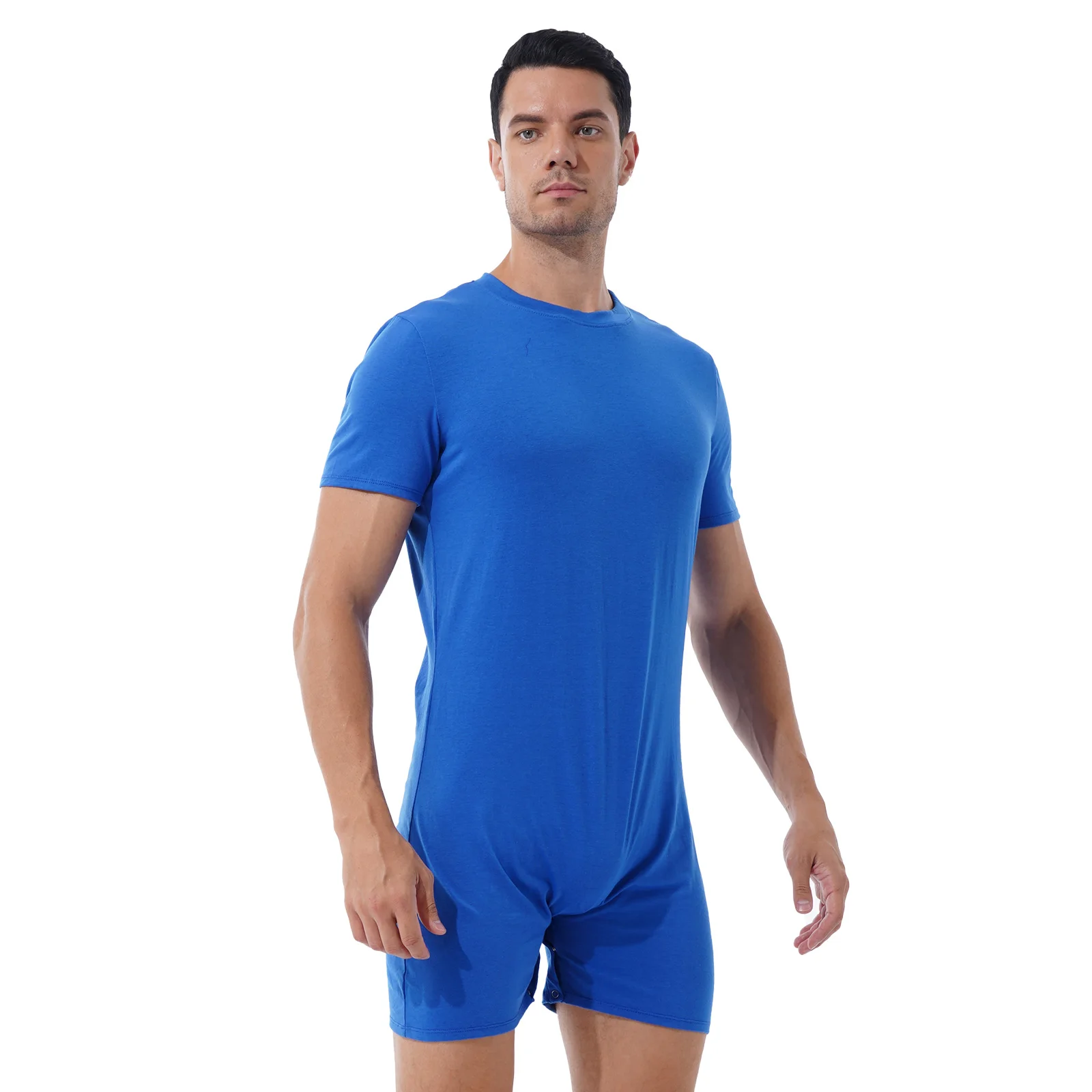 Mens One Piece Press Crotch T-shirt Summer Sports Exercise Running Bodysuit Diaper Pajamas Sleepwear Shapewear Bathing Suit