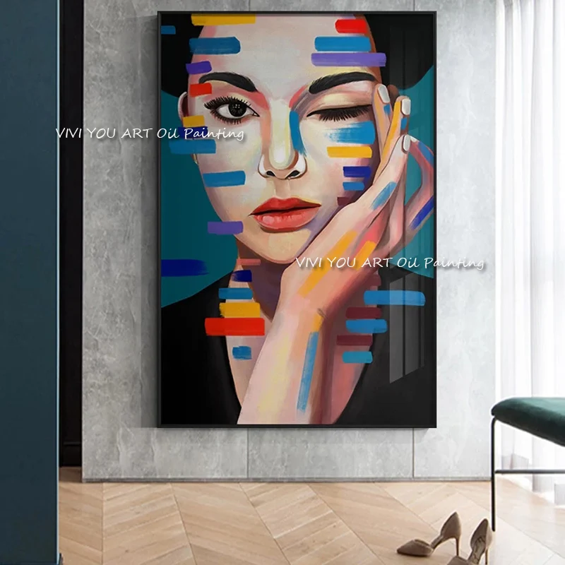 

The Pretty Woman Face Wink Girl Modern Figure Handpainted Abstrat Oil Painting Canvas Home Decor Wall Art Picture For Livingroom