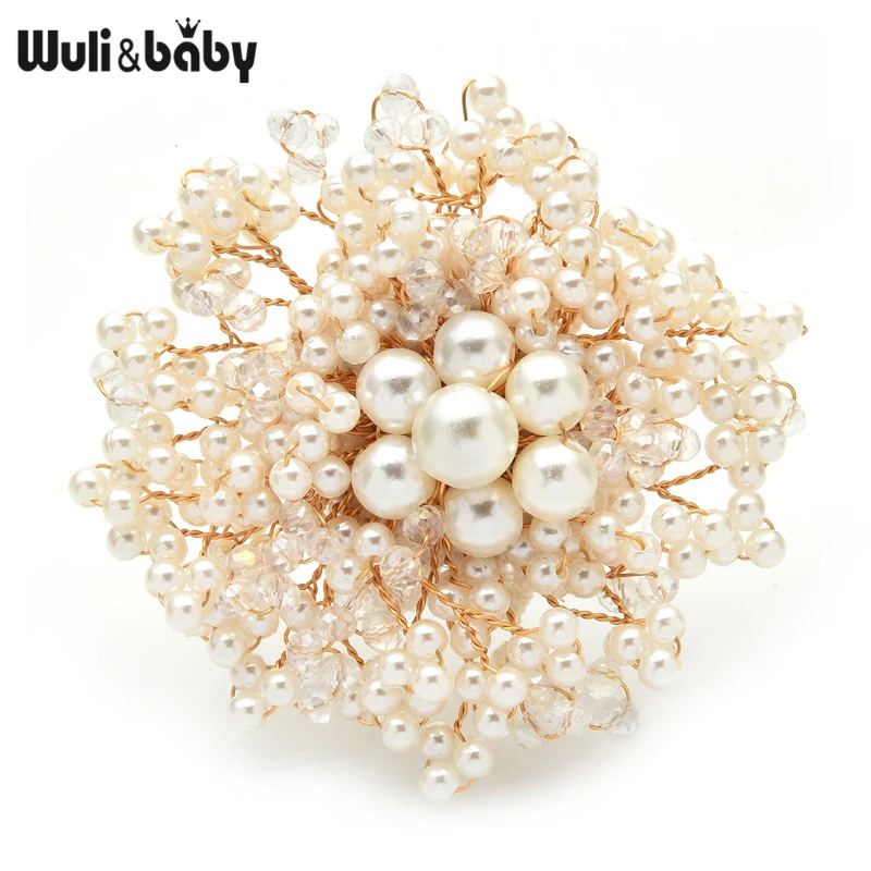 Wuli&baby Handmade Full Pearl Flower Brooch Pins Luxury Women Sweater and Coat- Brooches 2021 New Year Jewelry Gift