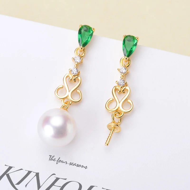 Green Diamond Style Pearl Dangle Earrings Findings S925 Sterling Silver Eardrop Jewelry Components 3Paris/Lot