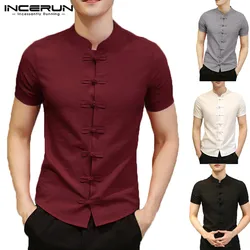 2023 Vintage Mens Shirts Dress Short Sleeve Button Down Slim Fit Summer Chinese Style Tee Tops Male Clothing Camisas Masculina