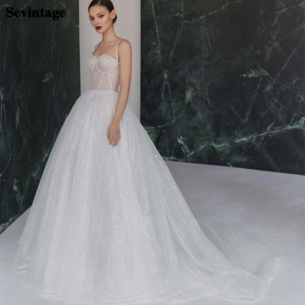 Sevintage – robe de mariée brillante en Tulle, manches bouffantes, coupe A-Line, dos nu, manches longues