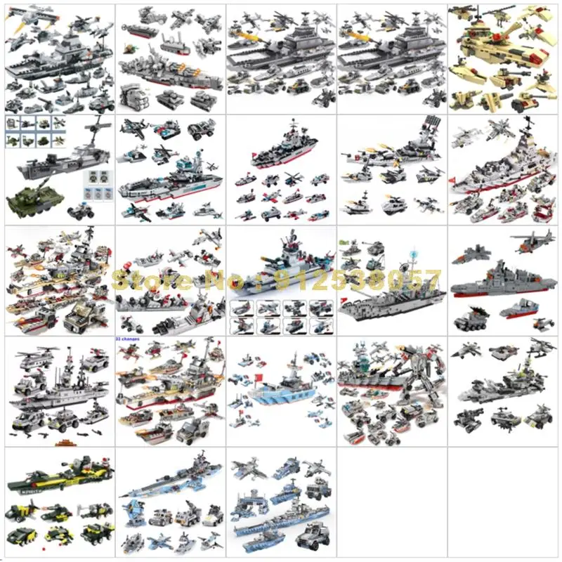 Military Warship N-in-1 4/6/8/12 In1 Navy Frigate Destroyer Cruiser Warship Bismarck Battleship Building Blocks Toy