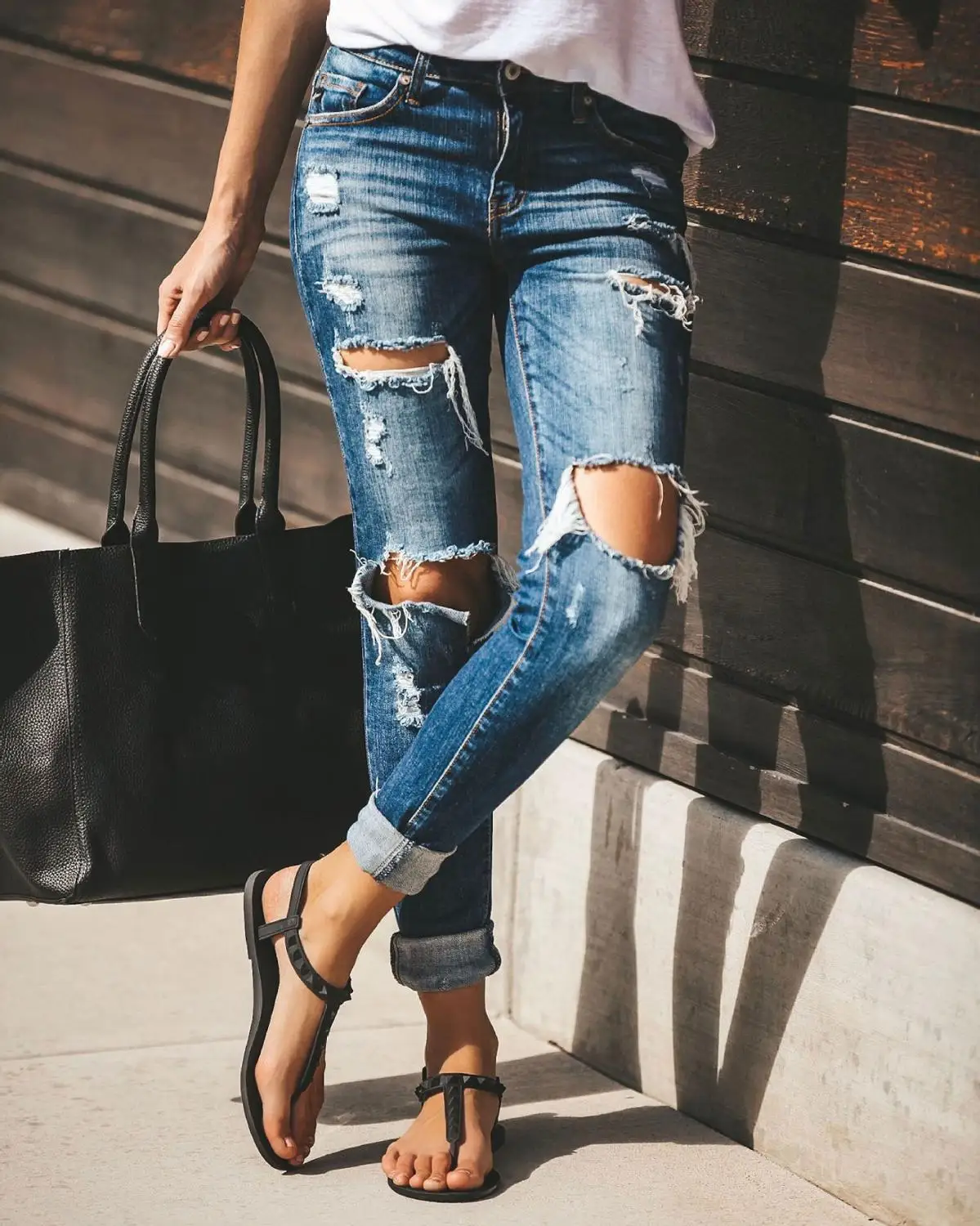 Hot sale woman ripped jeans fashion trendy stretch slim denim jeans street casual pencil pants S-2XL drop shipping