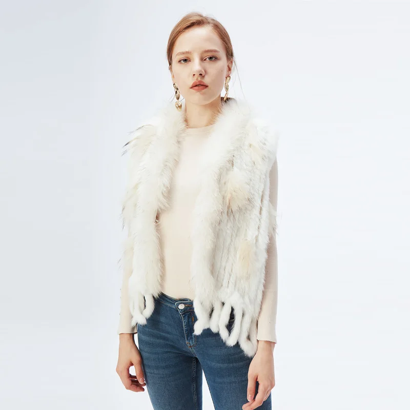 ETHEL ANDERSON Genuine Women\'s Rabbit Fur Vest Gilet Tassels Real Fur Coat Kintted Waistcoat Raccoon Fur Collar Outwear