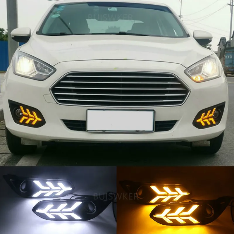 1Pair DRL LED Fog Lamp Cover With Yellow Turning Signal Tricolor Functions For Ford escort 2015-2018 Daytime Running Light