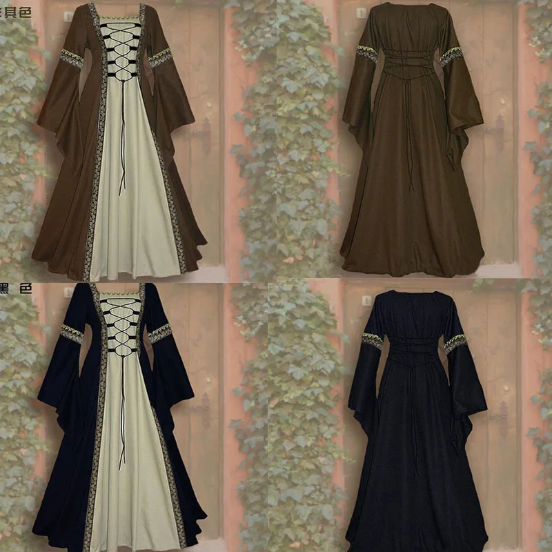 

Gothic Women Square Neck Medieval Dress Flare Sleeve Bandage Victorian Noble Princess Renaissance Palace Party Maxi Gown S-5XL