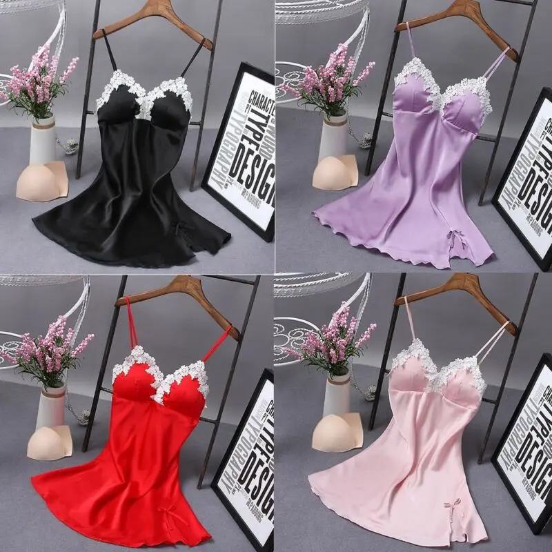 Mùa Hè Thời Trang Gợi Cảm Nữ Lụa Satin Ren Hoa Dây Cổ Đồ Ngủ Babydoll Áo Choàng Ngủ Đêm