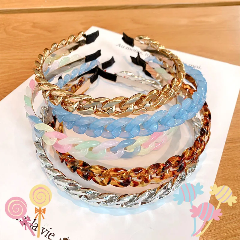 New Fashion Fine All-match Resin Pearl Sweet Candy Color Chain Hair Band Headband for Women Girl Accessories Headwear