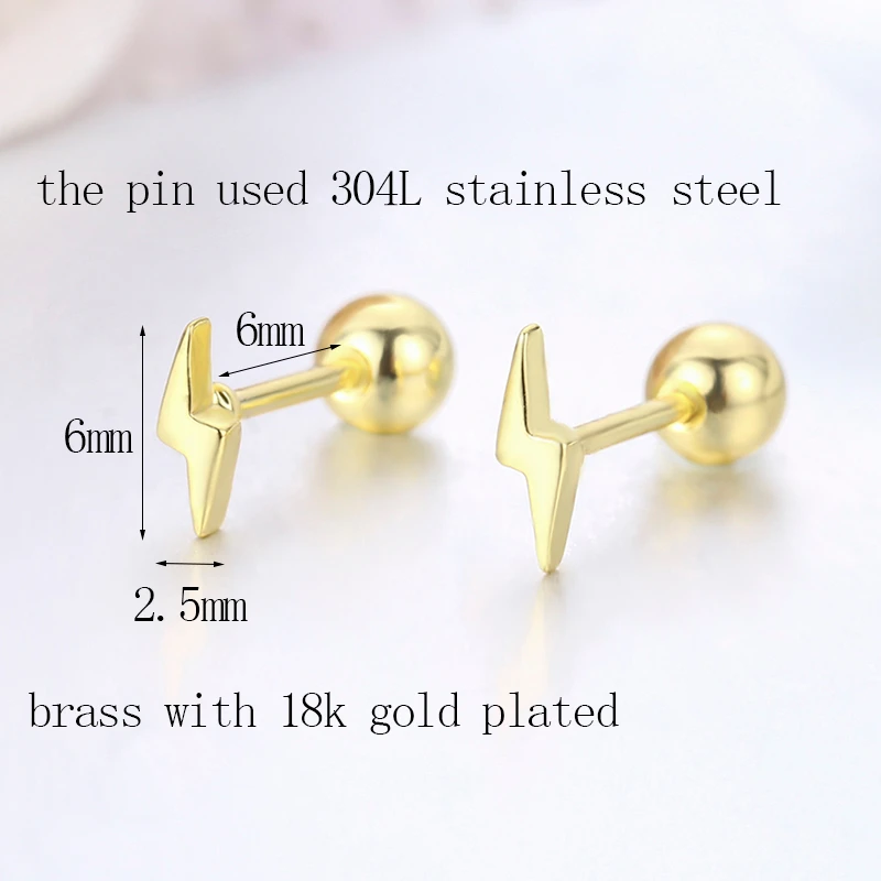 Cute Mini Small Lightning Screw Back Stud Earrings For Women Girls Gold Color Piercing Jewelry Oorbellen Aros Orecchini