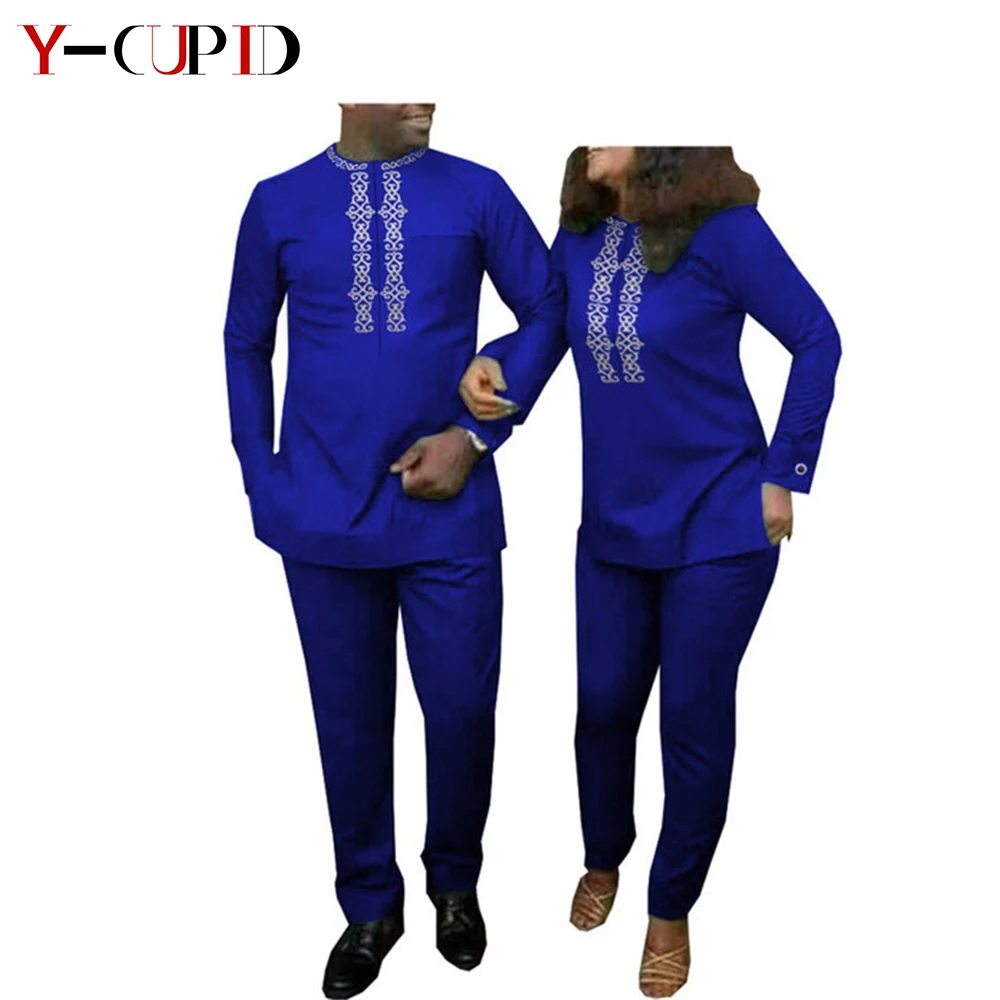 African Clothes for Couples Women Wax Hot Gold Applique Tee Top and Pants Sets Matching Bazin Men 2 Pieces Suit Outfits YA20C001