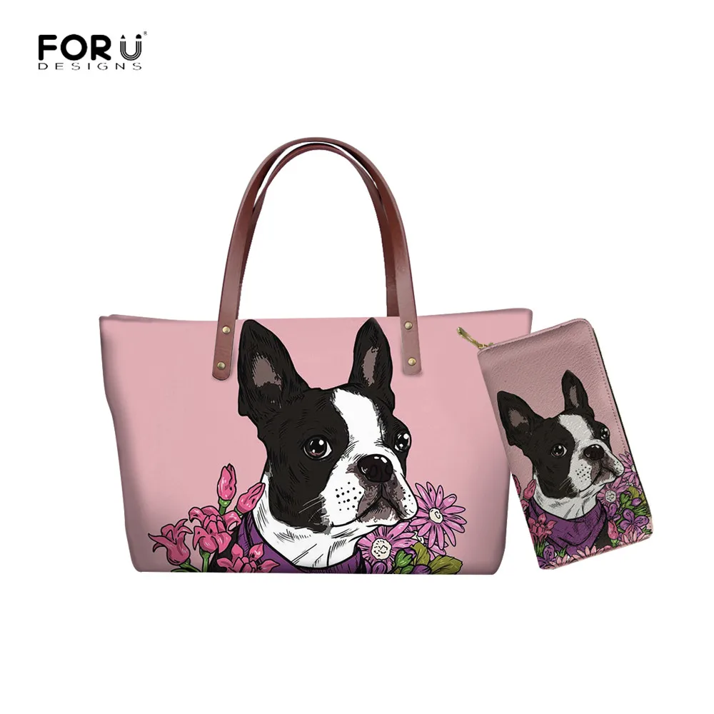 

FORUDESIGNS Boston Terrier Print Shoulder Bag Women Travel Large Capacity Female Handbags Tote Bag with Lone Leather Purse 2pcs