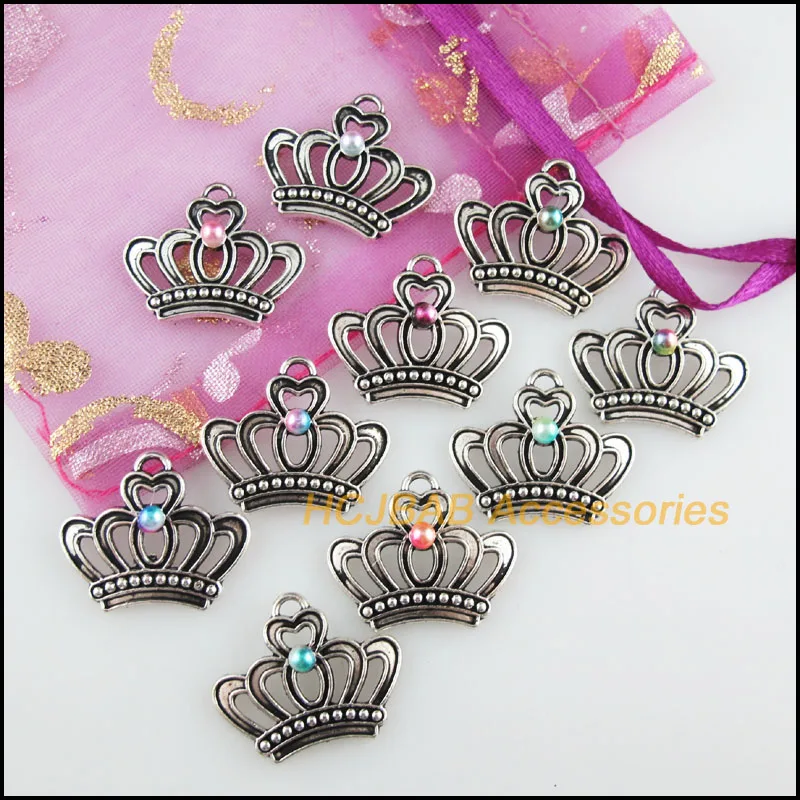 20Pcs Tibetan Silver Tone Emperor Crown Mixed Acrylic Charms Pendants 18x22mm