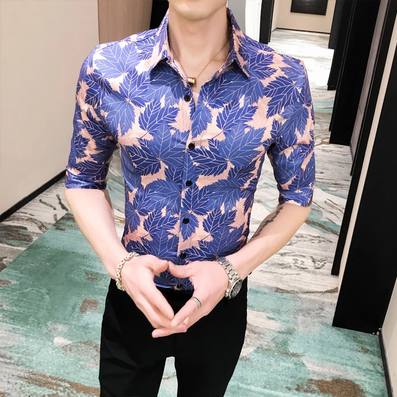 Fit Casual Slim Short Sleeve Shirts Chemise Homme 2020 Summer Leaf Print Hawaiian Men Shirt Night Club Streetwear Social Shirts