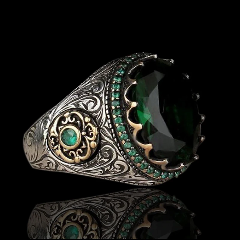 2024 Fashion Handmade Men Rings Retro Islamic Jewelry Vintage Ancient Silver Color Green Rhinestones Zircon Rings for Men