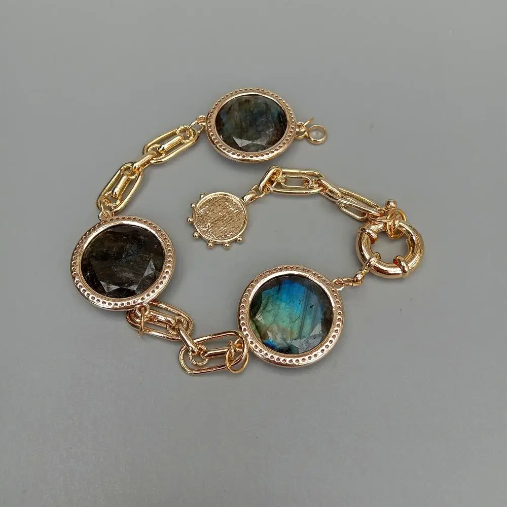 YYGEM 26 ミリメートル天然ラブラドライトコイン形状キュービックジルコニアパヴェベゼルセット宝石チェーンブレスレット