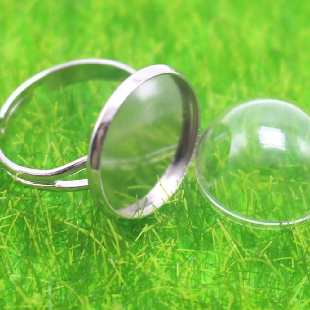 DIY Adjustable Silver-Tone Ring with 20mm Clear Glass Dome Terrarium - 1/2 Globe Bottle Mini TerrariuPendant for Necklace Craft