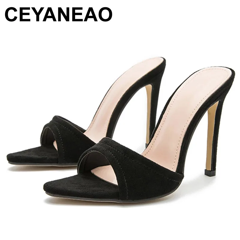 

CEYANEAO Femmes Mules Summer NEW Head Peep Toe Flock Slippers Fashion Leisure Shallow Retro Stiletto Heels Ladies Shoes