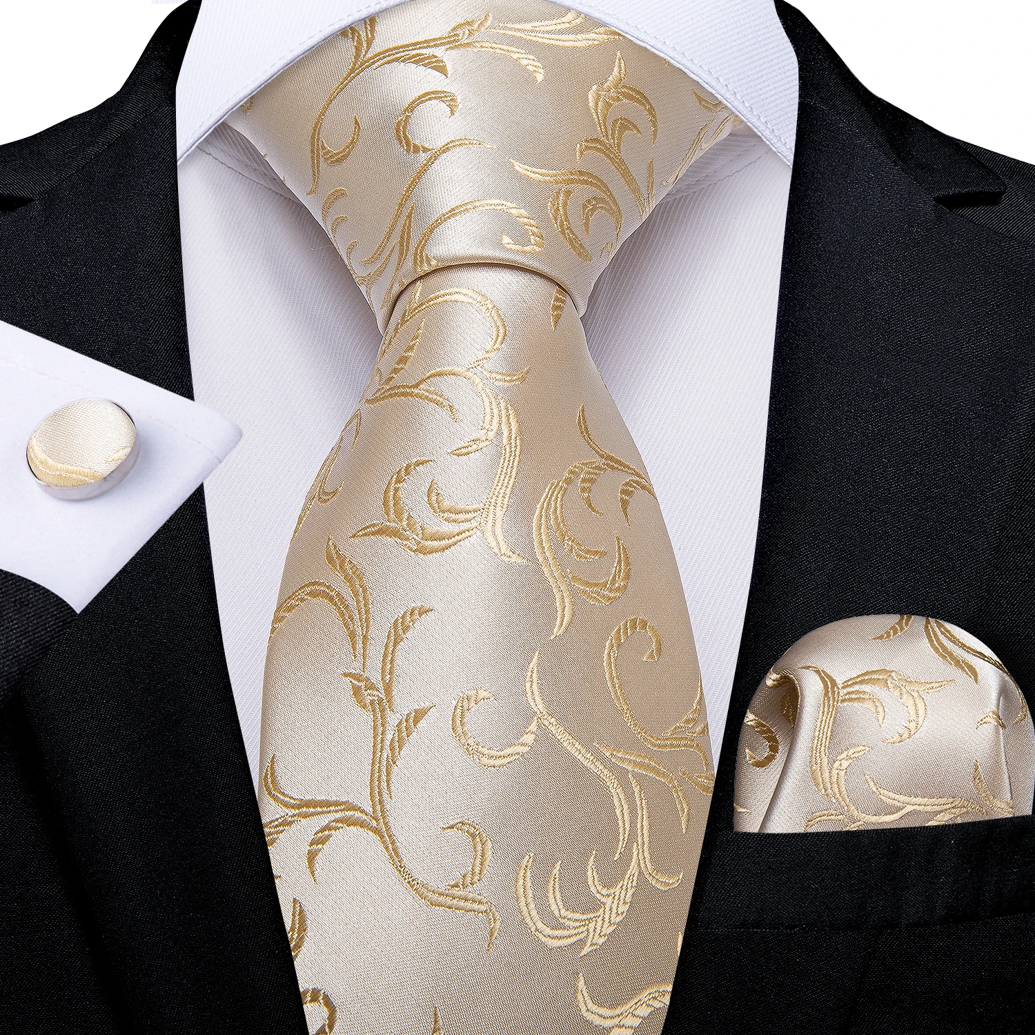 Fashion Men Tie Light Champagne Paisley Wedding Tie For Men Hanky Cufflinks Gift Tie Set Suit Business Party