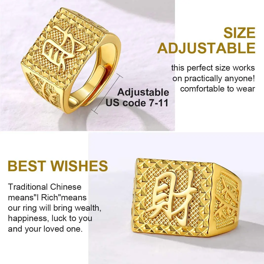 ChainsPro Mens Signet Rapper Kanji Ring Get Rich Luck Wealth Good Blessing Lucky Ring Set Open Adjustable Size 7-11 CP530