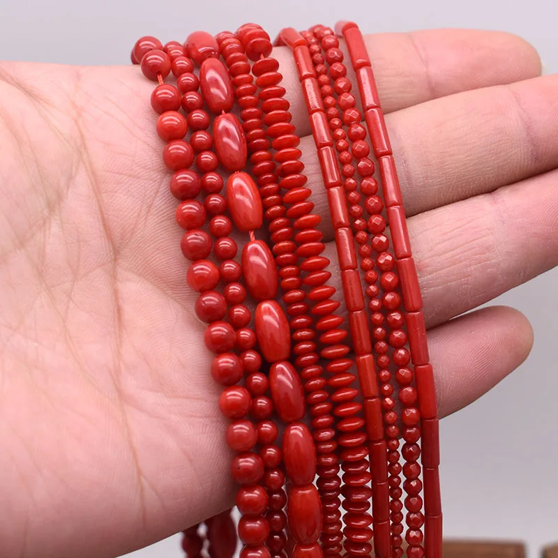 High-quality Natural Stone Irregular Tube Loose Spacer Beads Round Red Coral Beads For Jewelry Making Bracelet Necklace