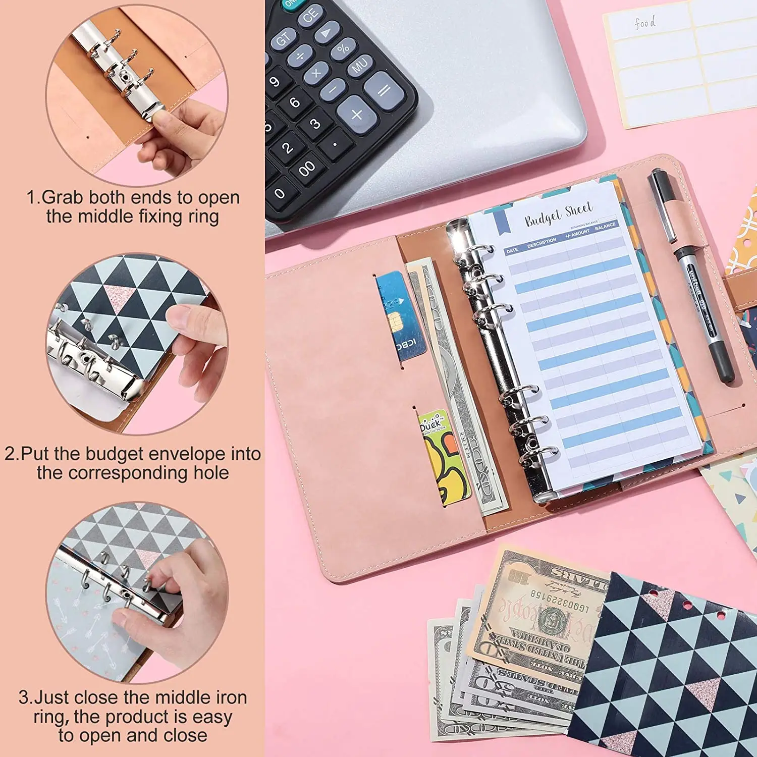 49Pcs A6 PU Leather Notebook Binder Includes 6 Rings Binder Cover,12 Budget Envelopes System,Expense Budget Sheets and 24 Labels