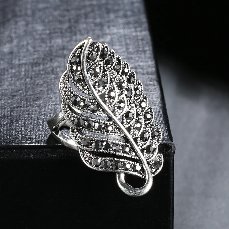 Wbmqda Vintage Leaf Shaped Black Stones Long Big Rings Tibetan Silver Wedding Ring For Women Fashion Jewelry