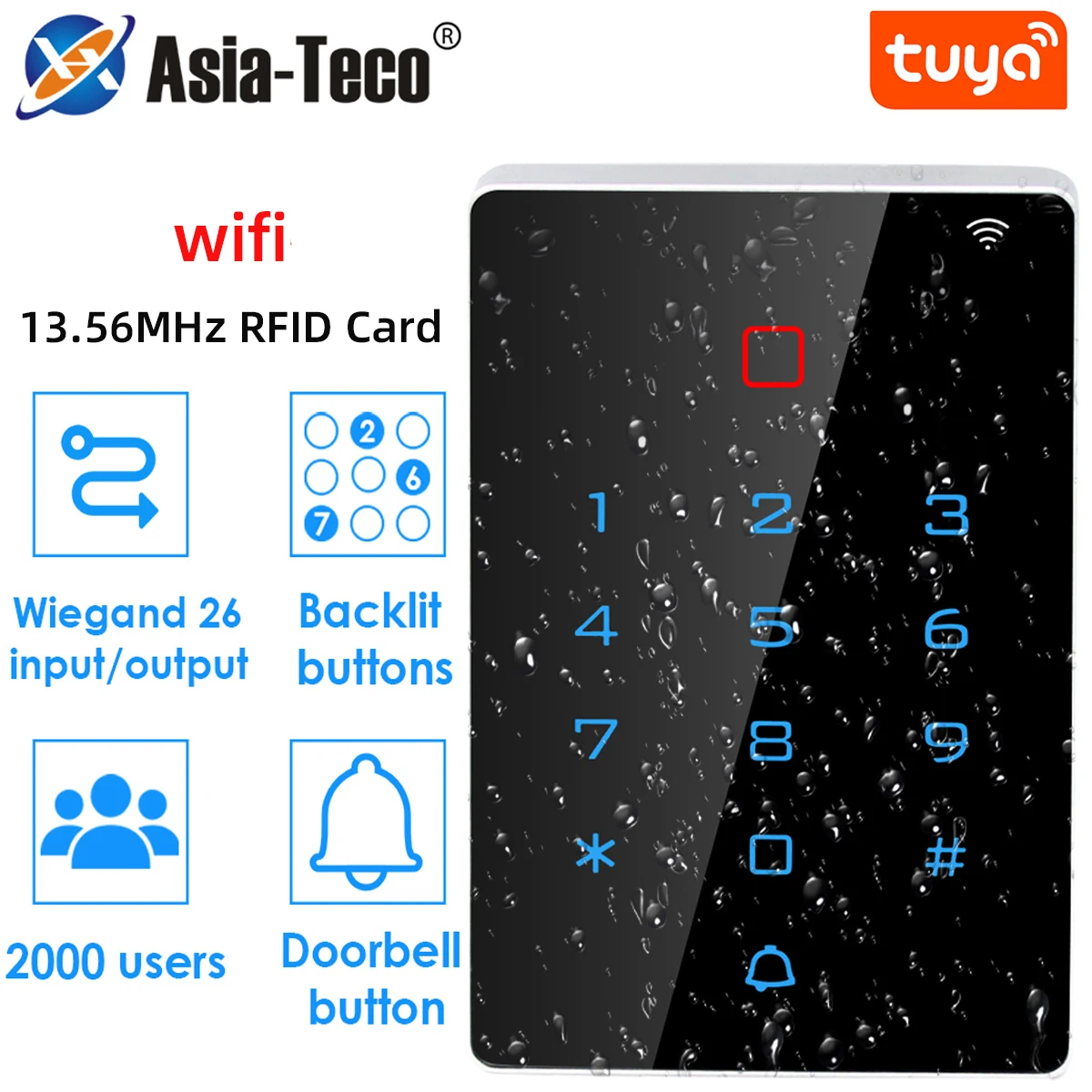 

Tuya APP RFID 13.56MHz Backlight Touch Access Control keypad IP68 Waterproof Standalone Access Controller Wiegand Output input