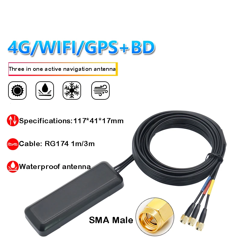 4G GPS WIFI Antenna Three in One Combined Outdoor Waterproof Cabinet Active SMA Male Connector 30dbi High Gain 3m RG174 Cable