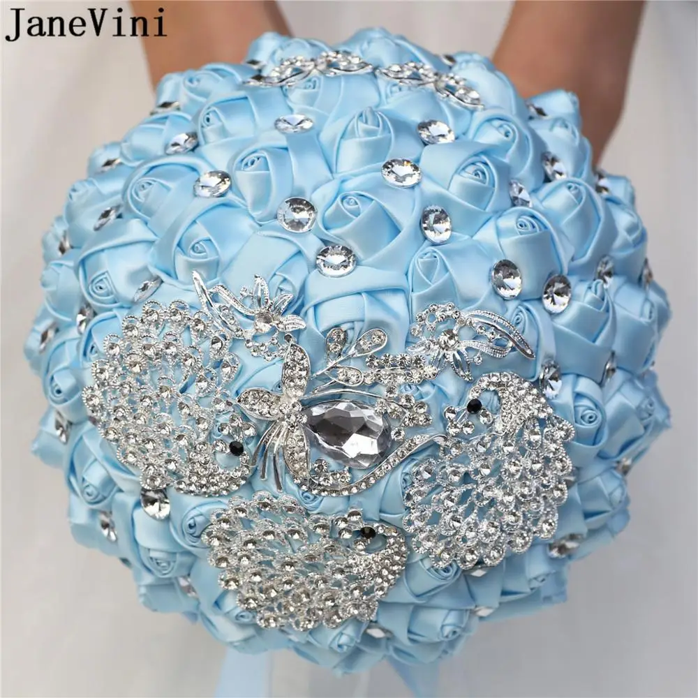 JaneVini Sky Blue Satin Rose Wedding Bouquets with Crystals Luxury Peacock Jewelry Beaded Bridal Brooch Bride Holding Flowers