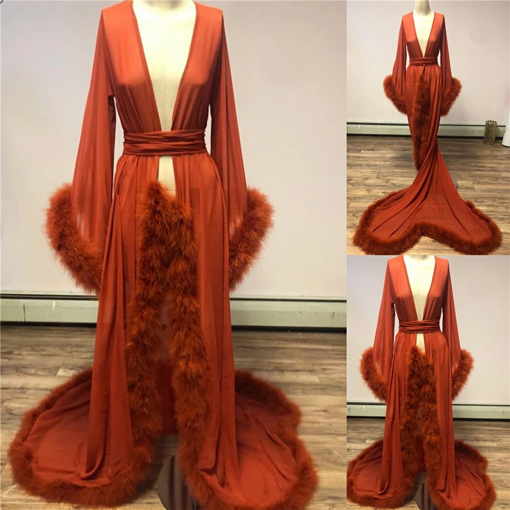 Bridal BathGown Women's Feather Edge Tulle Illusion Long Bride Robe Wedding New Custom Made Fur Winter Kimono Pregnant Dress