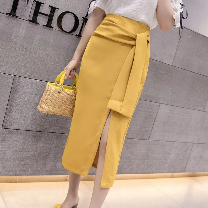 

Spring Long OL Women Skirt A-Line Belt Over Knee Split Design One-Step Solid Color High Waist Bag Hip Autumn Girl Elegant Female