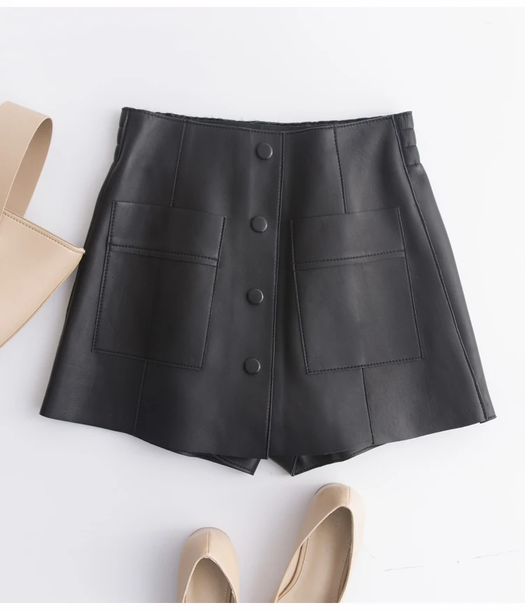 Ladies Genuine Leather Skirt Shorts Women Loose Korean Culottes Jupe Femme Elastic Waist Hip Sexy Streetwear Shorts With Pocket