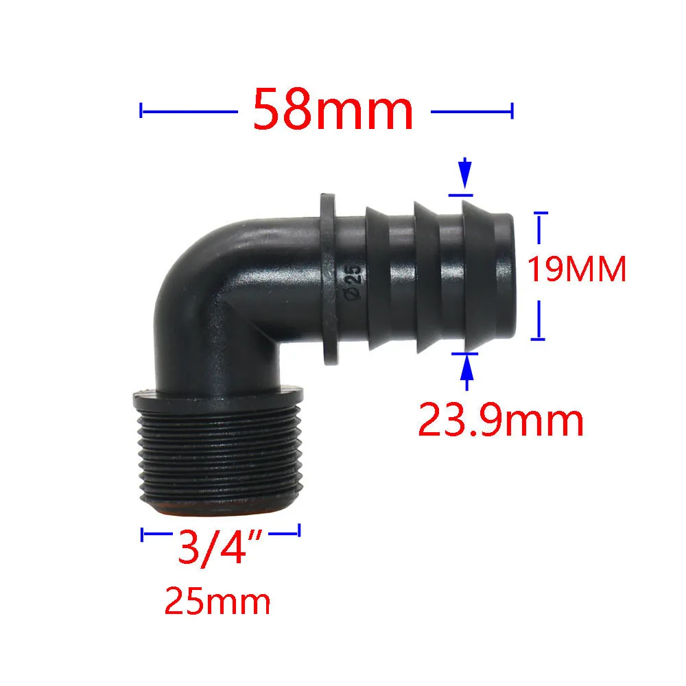 1/2 3/4 gwint do 16/20/25mm wąż Pe złącza kolankowe 90 stopni rolnictwo nawadniania w szklarni króciec do węża wody wspólne 4 sztuk