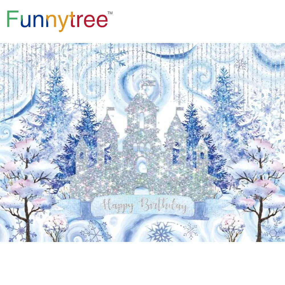 

Funnytree Happy Birthday Backdrop Silver Glitter Watercolor Snowflake Winter Castle Event Prop Supplies Custom Poster Background