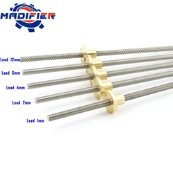 304 stainless steel T6 screw length 200mm lead 1mm 2mm 4mm 6mm 12mm trapezoidal spindle 1pcs With brass nut